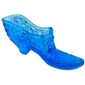 Vintage Kanawha Blue Glass Button & Daisy Shoe Slipper with Bow Collectible